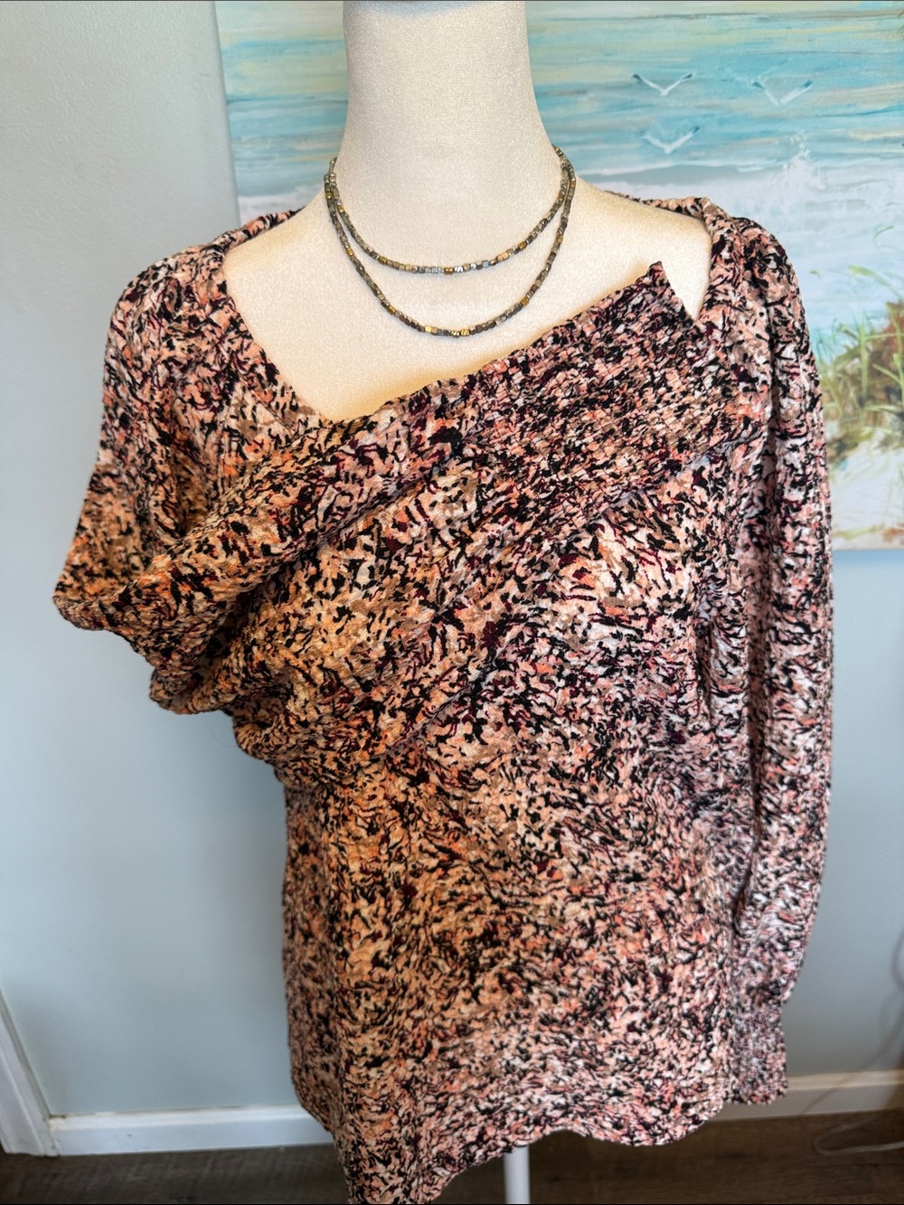 LOFT Pink Black Multi-Print Scoop Neck Long Sleeve Top - Picture 2 of 6